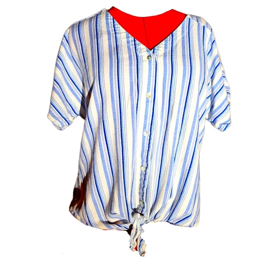 Como Vintage Blue & White Striped Short Sleeve Blouse Size XL